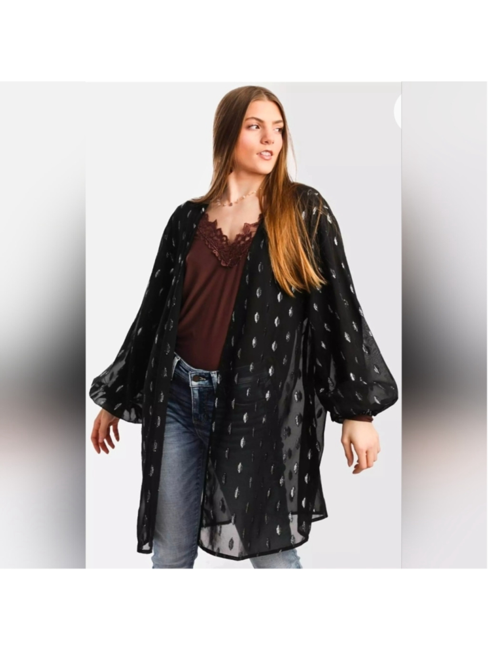 Daytrip Size M Black Sheer Metallic Leaf Kimono Cardigan Open Front Boho